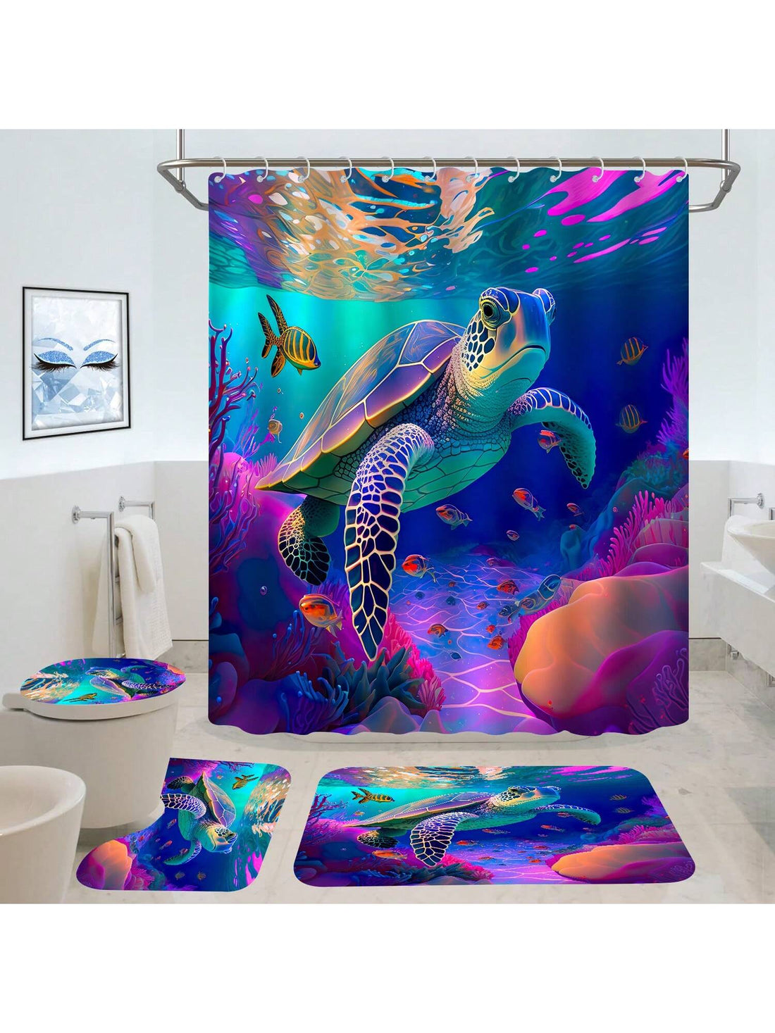 Transform your bathroom into an underwater paradise with our Vibrant Oceanic Adventure Shower Curtain Set! Featuring a playful and colorful sea turtle design, this set comes with 12 hooks for easy installation. Dive into a fun and quirky shower experience with this unique addition to your decor.