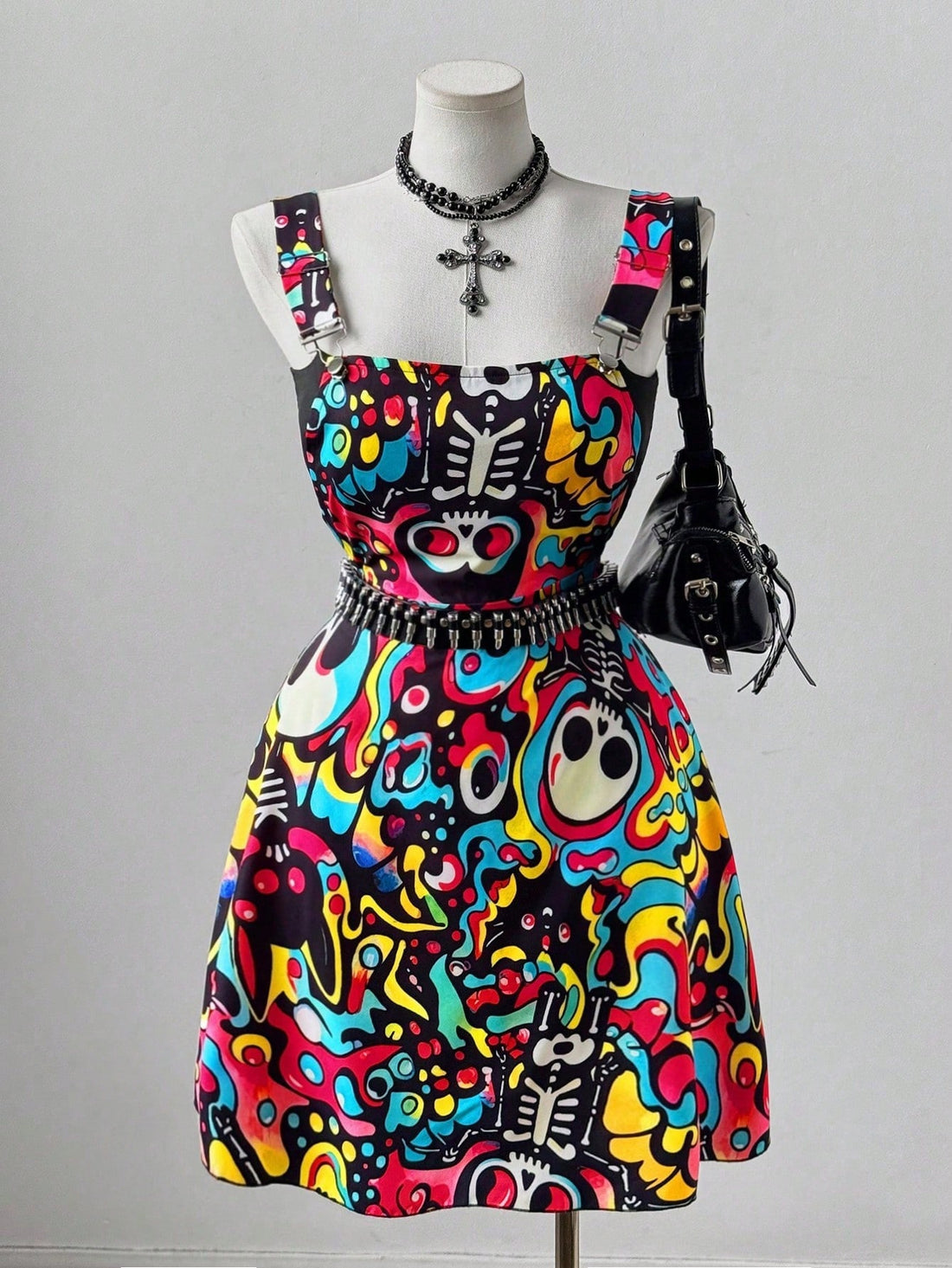 Make a bold statement with this vibrant plus size suspender dress featuring a colorful skull print. Designed to celebrate your unique style, it combines playful patterns with a comfortable fit, perfect for turning heads and expressing your personality wherever you go.