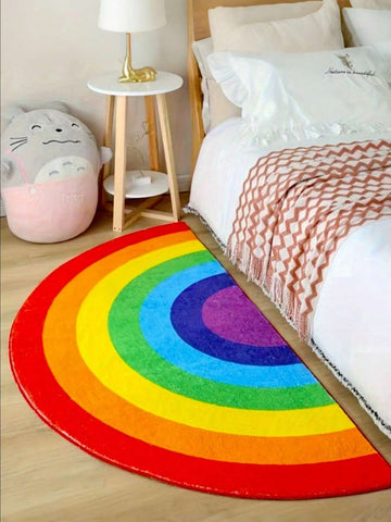 Transform your space with this vibrant rainbow faux wool area rug, featuring a bold colorblock pattern that brings energy and warmth to any room. Crafted from soft, plush polyester, it's perfect for bedrooms, living rooms, dining areas, and beyond. The half-circle design adds modern flair while the machine-washable construction keeps maintenance effortless. No filler means a lightweight, comfortable feel underfoot. Ideal for everyday comfort or special occasions, this multicolor rug works year-round 