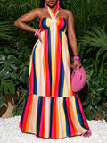 Step into spring and summer in style with our Vibrant Rainbow Stripe Maxi Dress. This playful dress features flowy ruffles and a stunning rainbow stripe pattern that is sure to turn heads. Perfect for any getaway, it's the ultimate combination of fun and fashion. (Feel like a ray of sunshine with this bold and breezy dress!)