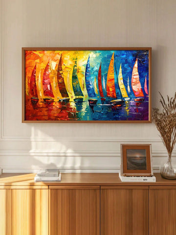 Set sail for a modern and vibrant home with this frameless impressionist oil painting of a sailboat. Perfect for coastal decor, this wall art adds a touch of color and whimsy to any room. Your walls will be the talk of the town (or sea) with this unique piece.