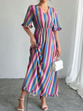 Unleash your playful side with our Vibrant Striped V-Neck Swing Dress with Ruffle Sleeves! Perfect for vacations and holidays, this dress will surely make a statement with its bright stripes and flirty ruffle sleeves. Say hello to your new go-to dress for any fun occasion!