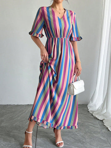 Unleash your playful side with our Vibrant Striped V-Neck Swing Dress with Ruffle Sleeves! Perfect for vacations and holidays, this dress will surely make a statement with its bright stripes and flirty ruffle sleeves. Say hello to your new go-to dress for any fun occasion!