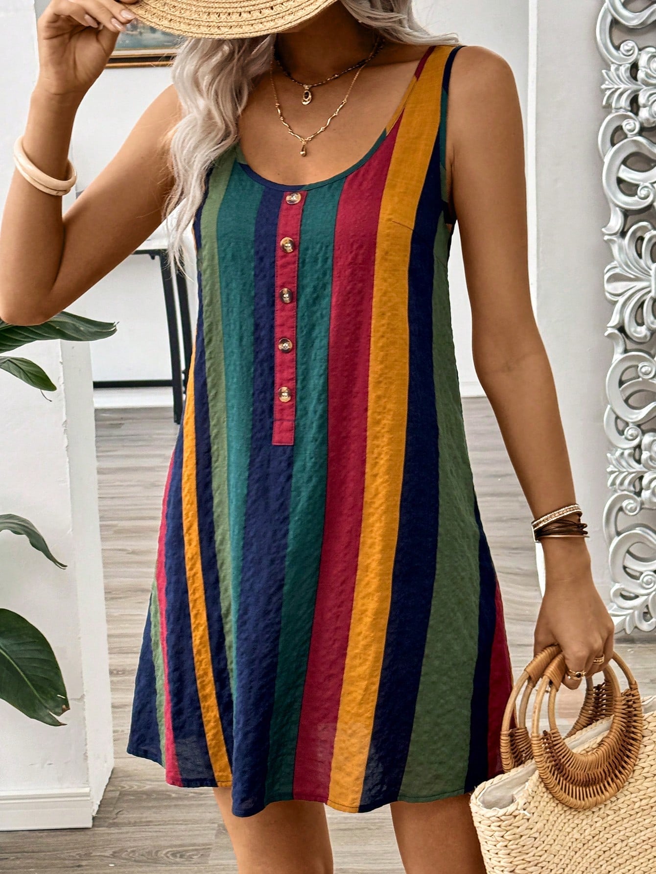 This A-line suspender dress is ready for all your Spring and Summer adventures! With vibrant stripes, it's the perfect dress for those who don't take themselves too seriously. Embrace your fun and playful side with this quirky, colorful dress. Don't miss out on this must-have for the season!