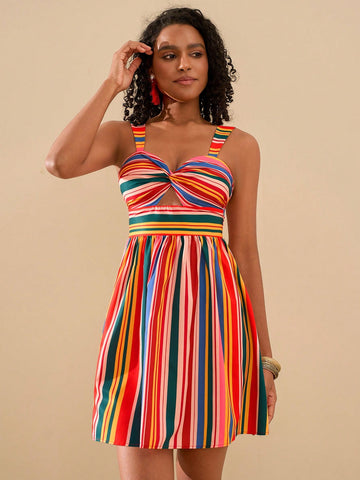 Get ready to turn heads with our Vibrant Stripes & Stylish Cutouts mini dress, the perfect summer outfit for any occasion! The colorful stripes and trendy cutouts add a touch of fun and style to your wardrobe. Be the center of attention with this must-have dress.