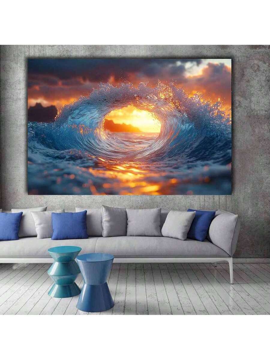 Product view of sunset ocean wave canvas wall art with blue water and orange sky