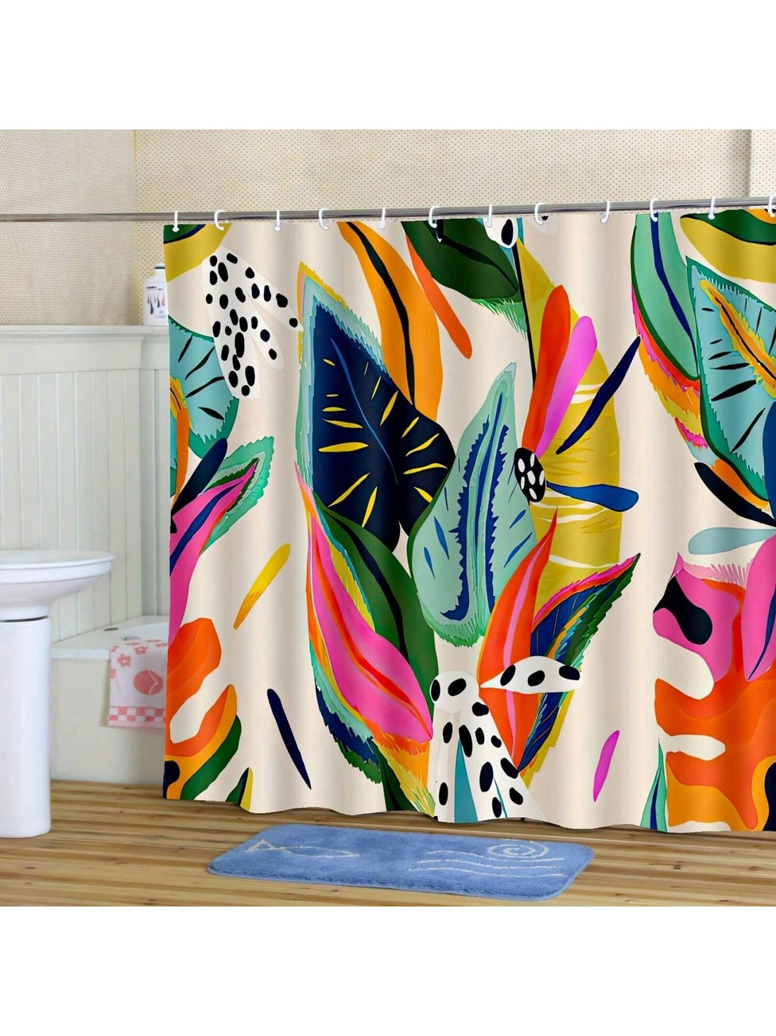 Bring a splash of retro fun to your bathroom with this Vibrant Tropical Leaf Shower Curtain! Featuring lively, colorful leaves, it’s the perfect way to brighten up your space for fall or back to school season. Made from durable, machine-washable polyester and including handy hooks, it’s easy to hang and keep fresh. Add a playful tropical vibe that makes every shower feel like a mini getaway.