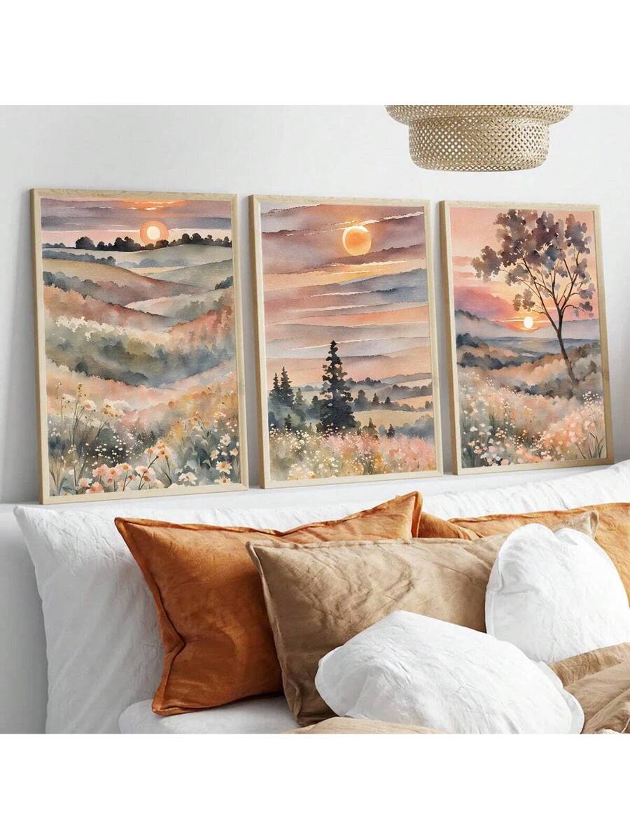 Bring the warmth of golden hour into your home with this stunning 3-piece watercolor wall art set. Each canvas captures the serene beauty of travel landscapes, featuring vibrant sunset hues that blend seamlessly from warm oranges and pinks to soft purples and blues. Perfect for modern interiors, this trio works beautifully as a gallery wall or spread across different rooms. The watercolor technique creates an artistic, hand-painted feel that adds depth and character to any space. 