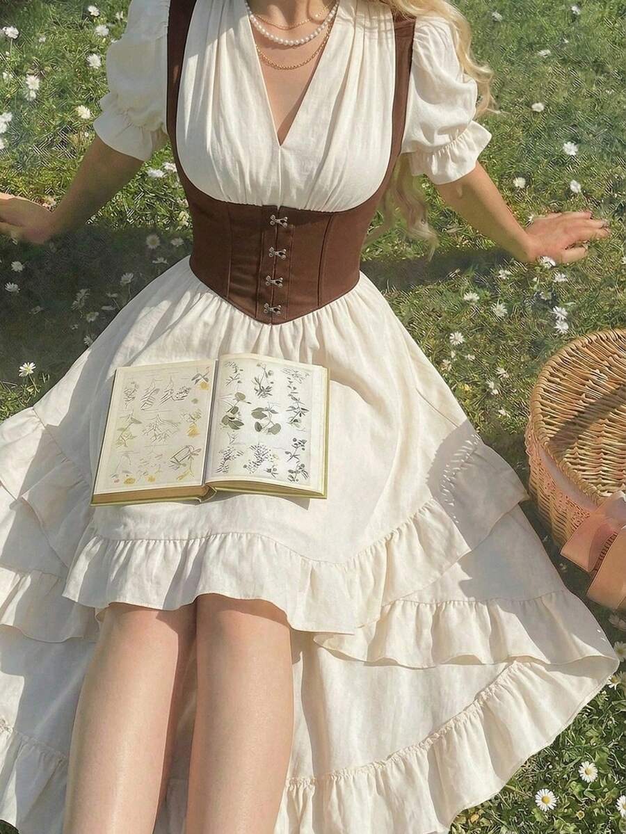 Cottagecore high-low midi dress with brown corset bodice