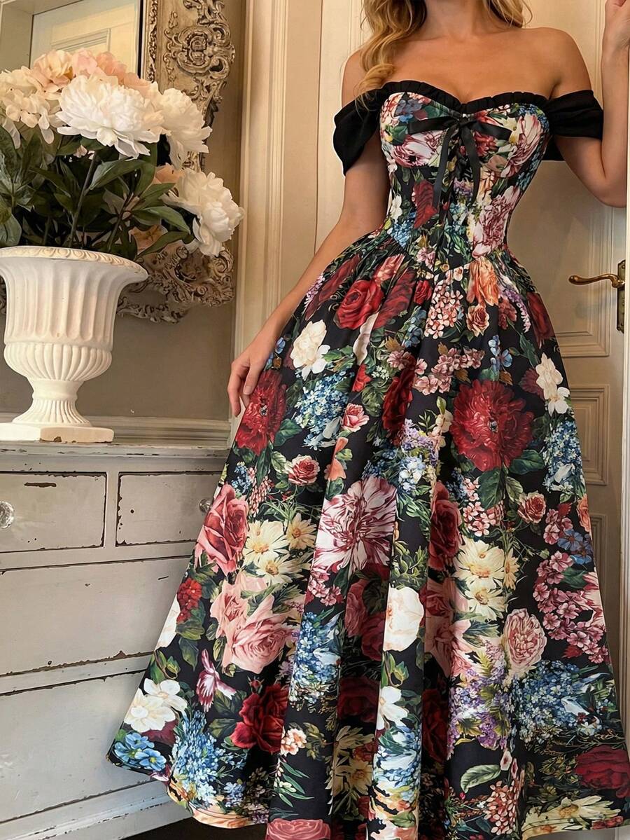 Embrace timeless elegance with this vintage-inspired off-shoulder dress, designed to elevate your spring and summer celebrations. The romantic floral print captures classic charm while the off-shoulder neckline adds contemporary sophistication. Crafted for comfort and style, this piece transitions seamlessly from garden parties to evening gatherings. The flowing silhouette flatters various body types, making it an essential addition to your seasonal wardrobe. Perfect for those who appreciate vintage aesthet