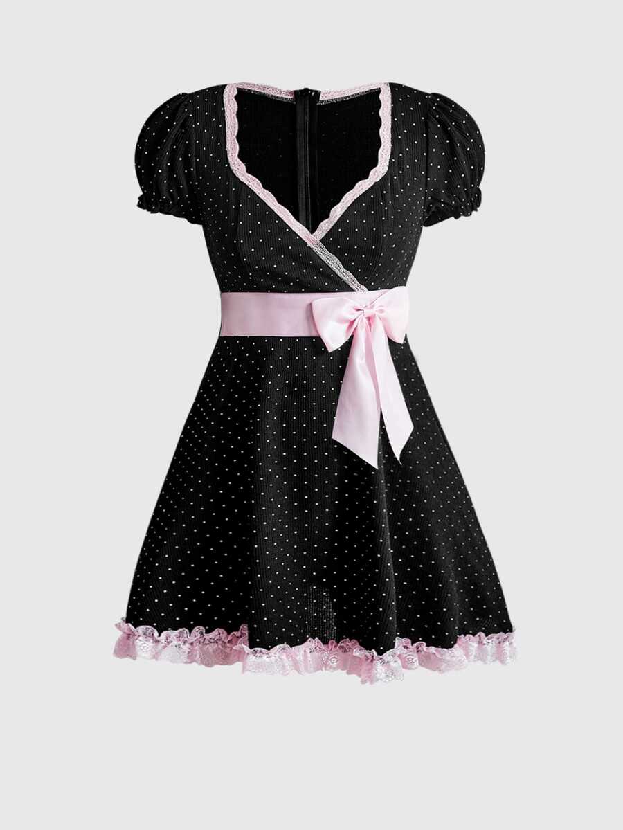 Front view of black polka dot A-line mini dress with pink lace trim and bow waist sash