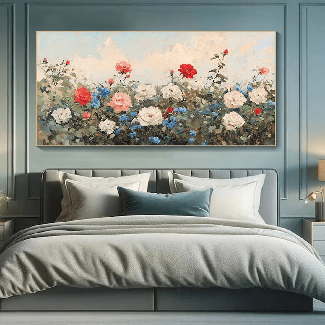Bedroom view of panoramic vintage rose garden canvas wall art above bed