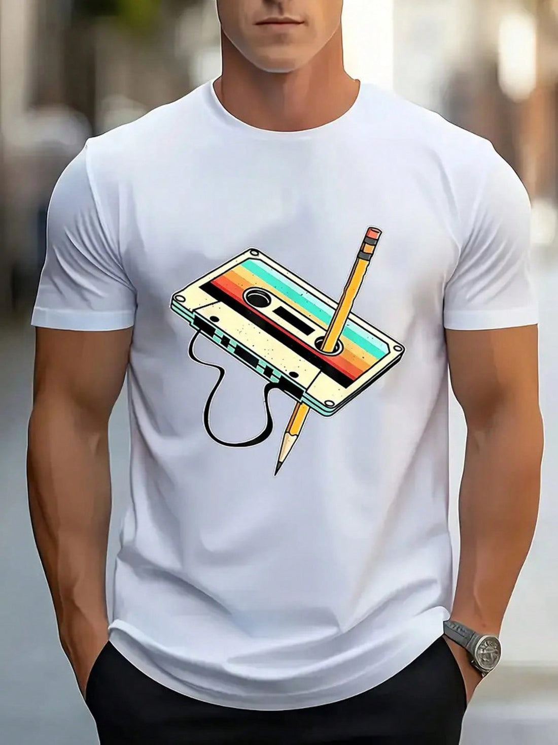 Relive the glory days of mixtapes with this nostalgic 90s cassette print tee! Made from comfy cotton, this playful retro t-shirt adds vintage flair to any casual outfit. Perfect for music lovers who appreciate the analog era, it's also an ideal gift that'll hit all the right notes this holiday season. Rock your throwback style with confidence!