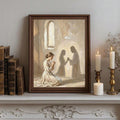 Framed Christian canvas painting of a kneeling woman praying with Jesus and a woman in a softly lit church