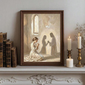 Framed Christian canvas painting of a kneeling woman praying with Jesus and a woman in a softly lit church