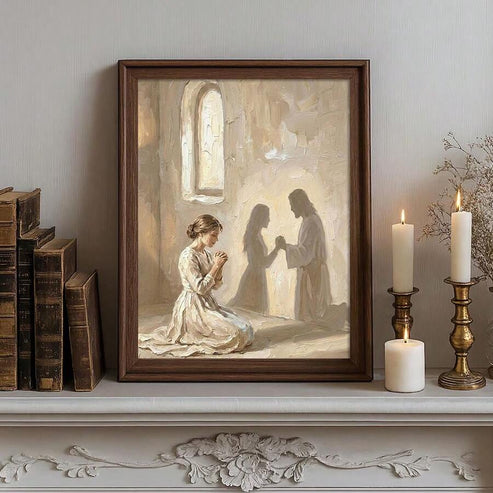 Vintage abstract Christian canvas art depicting Jesus praying with a woman