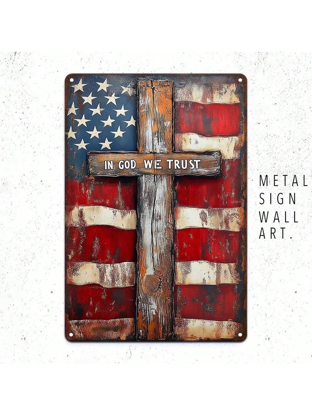Spread inspiration with this vintage American flag cross tin sign, featuring the phrase 'In God We Trust'. Perfect for homes, churches, and offices, this unique wall decor exudes American pride and faith. Trust in God and decorate your space with this inspirational piece!