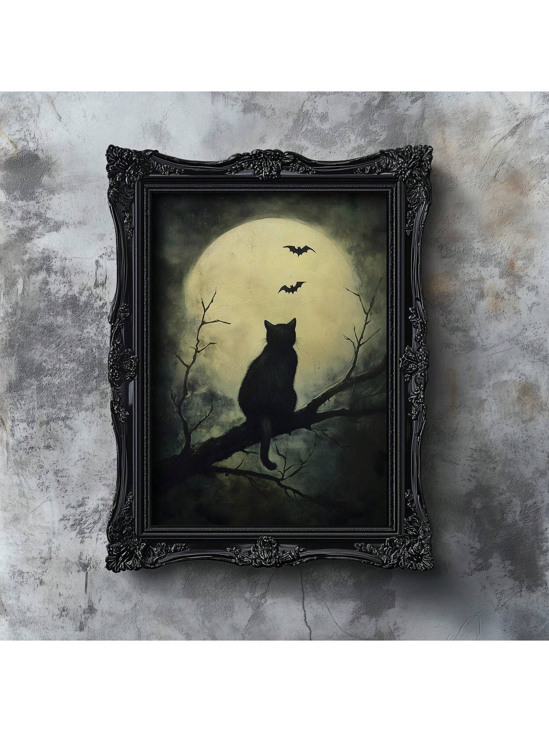 Add a spooky touch to your space with this Vintage Black Cat & Bat Halloween Art Print. Perfect for home or dorm, this gothic-inspired wall decor brings a playful yet eerie vibe to your Halloween celebrations. Its classic design captures the mysterious charm of black cats and bats, making it a fun and festive addition to your seasonal decorations.