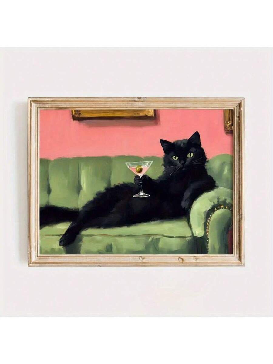 Bring whimsical charm to your space with this vintage-inspired black cat canvas art. Perfect for cat lovers and modern home enthusiasts, this playful piece features a relaxed feline lounging on a sofa with a contemporary twist. The soft, muted color palette and artistic style complement living rooms, bedrooms, and creative spaces effortlessly. High-quality canvas construction ensures durability and vibrant colors that won't fade.  r