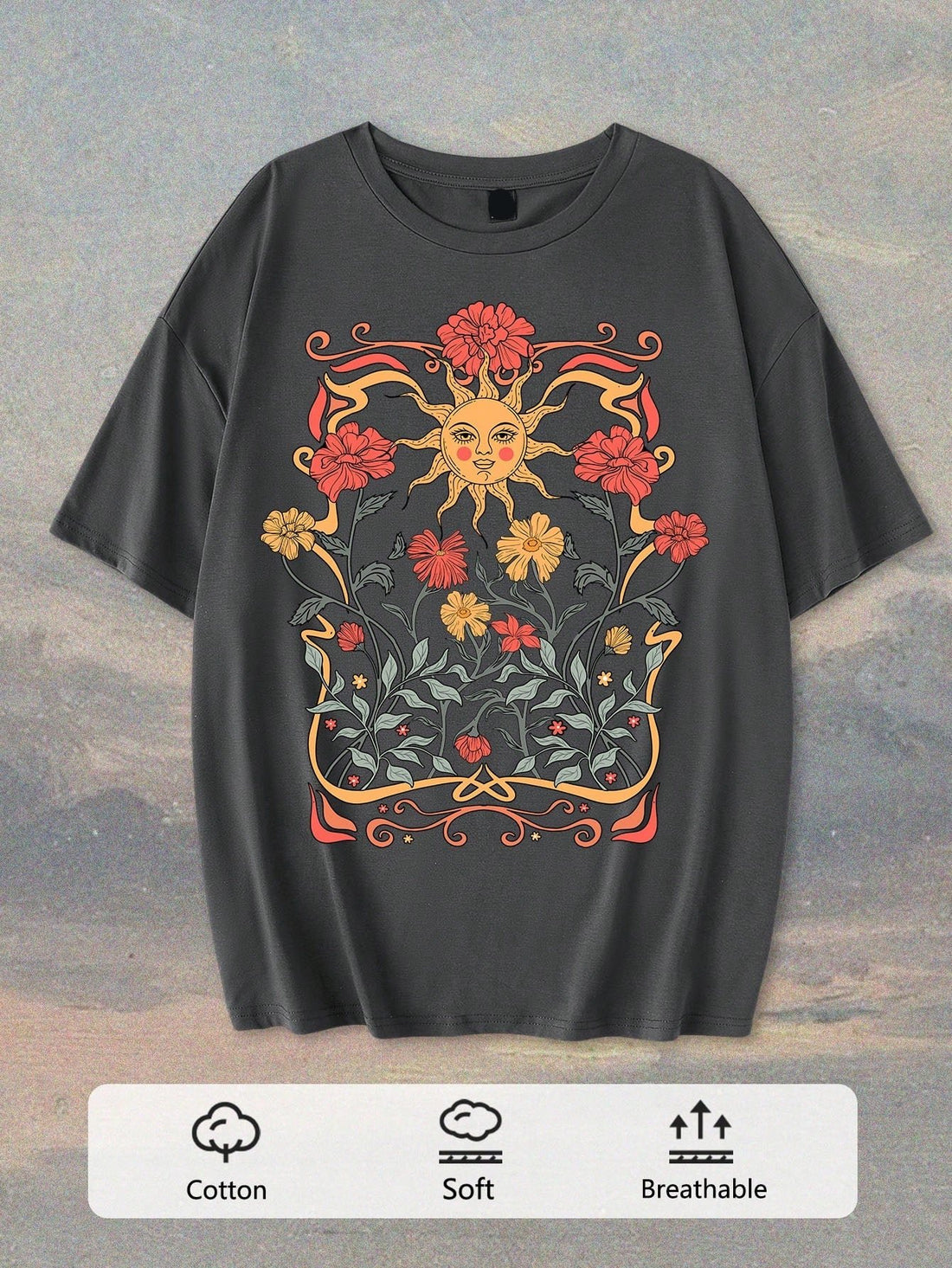 Introducing the Vintage Bohemian Sunflower Graphic Tee, the perfect addition to your summer wardrobe. Made with soft and lightweight fabric, this tee features a beautiful sunflower graphic that evokes effortless summer style. A must-have for any bohemian fashion lover.