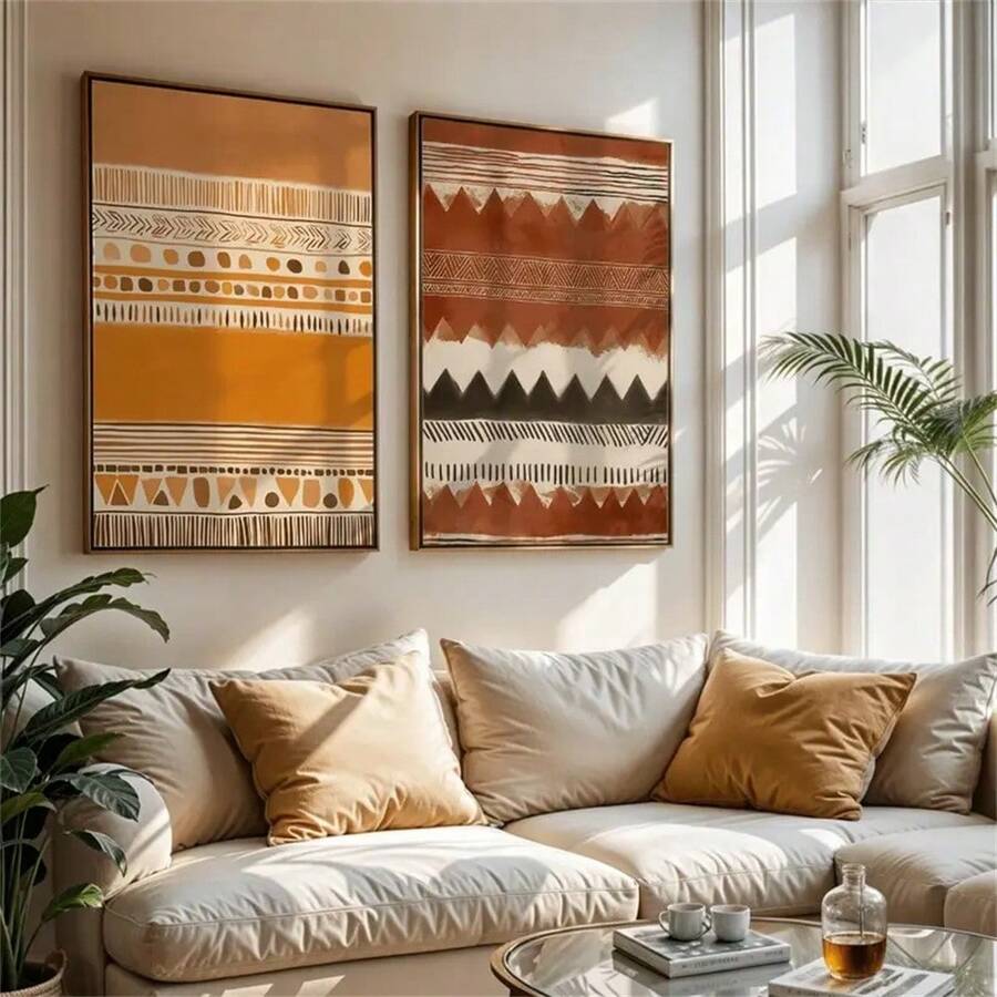 Front living room mockup of two terracotta geometric canvas prints in dark frames above a neutral sofa