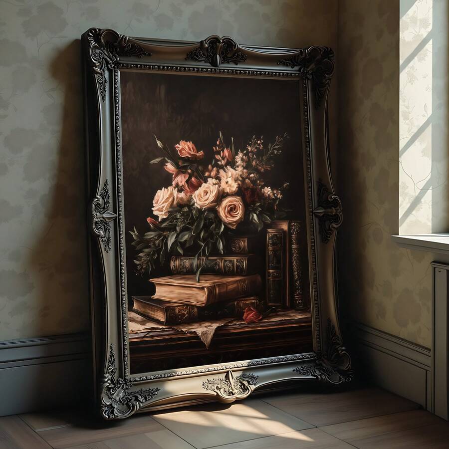 Vintage roses and antique books wall art in ornate frame mockup
