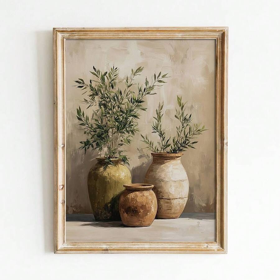 Olive branch still life canvas print with three earthenware vases in an aged gold frame