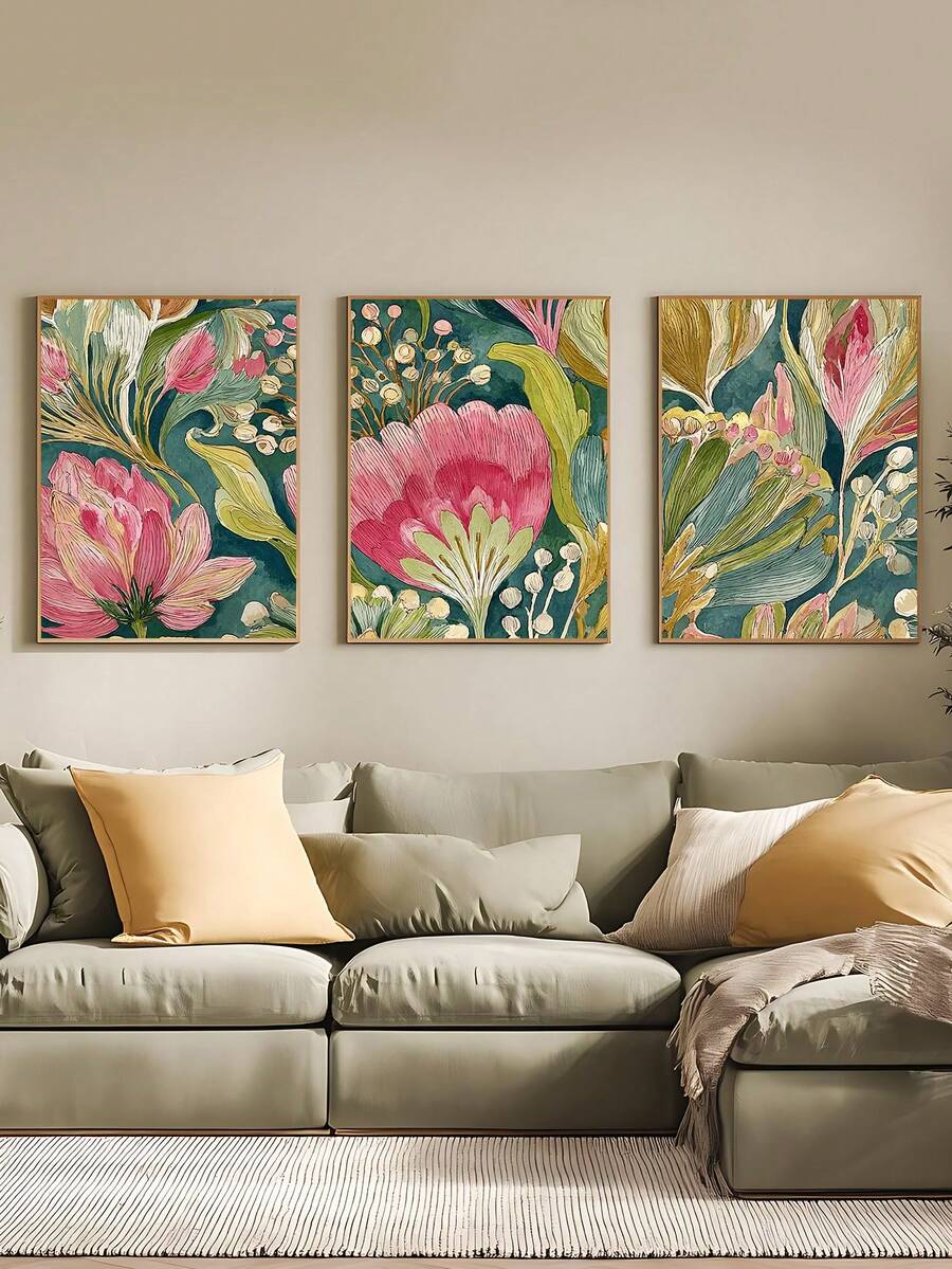 Close-up of painterly protea flower and botanical leaves on canvas