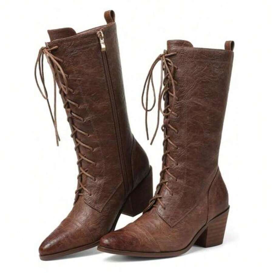 Front view of Vintage Brown Mid-Calf Leather Combat Boots with Chunky Heels for Stylish Women for punk motorcycle boot styling