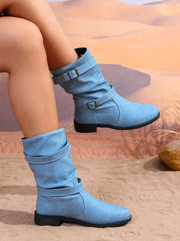 Elevate your fall/winter style with these vintage buckle embellished mid-calf boots, a must-have for any fashion-forward woman. Crafted with expert attention to detail, these boots add a touch of retro charm to any outfit. Complete with a sturdy mid-calf height, these boots are perfect for everyday wear and will keep you on-trend all season long.