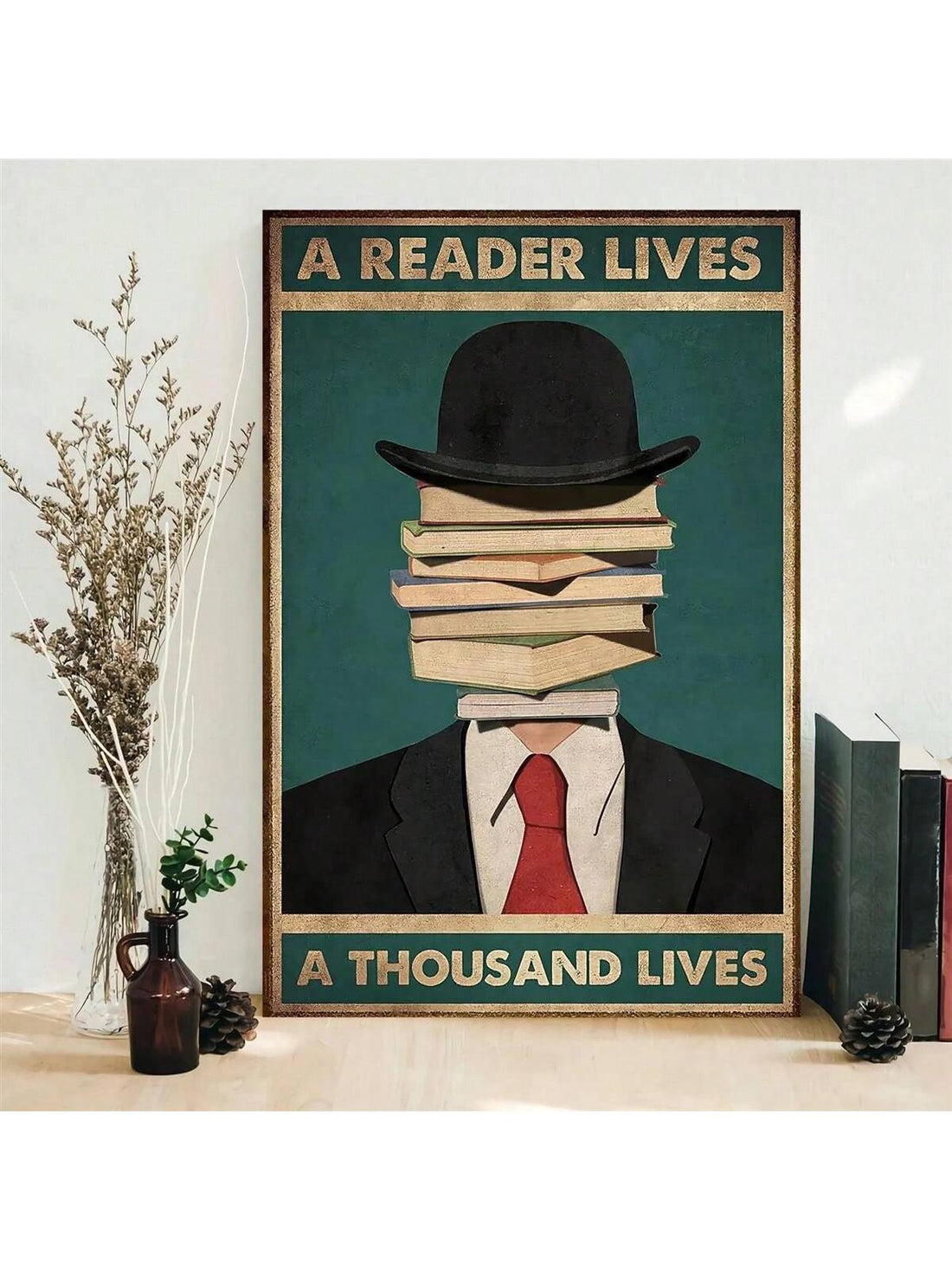 Celebrate the magic of reading with this vintage-style canvas print featuring the charming quote, "A Reader Lives a Thousand Lives." Perfect for cozy corners, libraries, or any book lover’s nook, it adds a touch of whimsy and inspiration to your home decor. Gift a world of adventures to someone special or treat yourself to this playful reminder of the countless stories waiting inside every book.