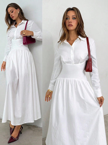 Effortlessly chic meets timeless sophistication with this white long sleeve A-line shirt dress. The crisp, clean silhouette flatters every frame while the flowing A-line cut adds movement and grace. Perfect for polished office days or weekend brunch dates, this versatile piece transitions seamlessly from professional to casual. The classic white hue pairs with everything in your wardrobe, making it the ultimate go-to for those "what should I wear?" moments. Dress it up with heels and jewelry or keep it rela