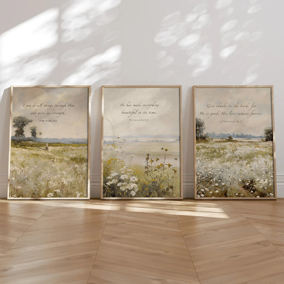 Set of three Christian Bible verse meadow canvas prints in light wood frames