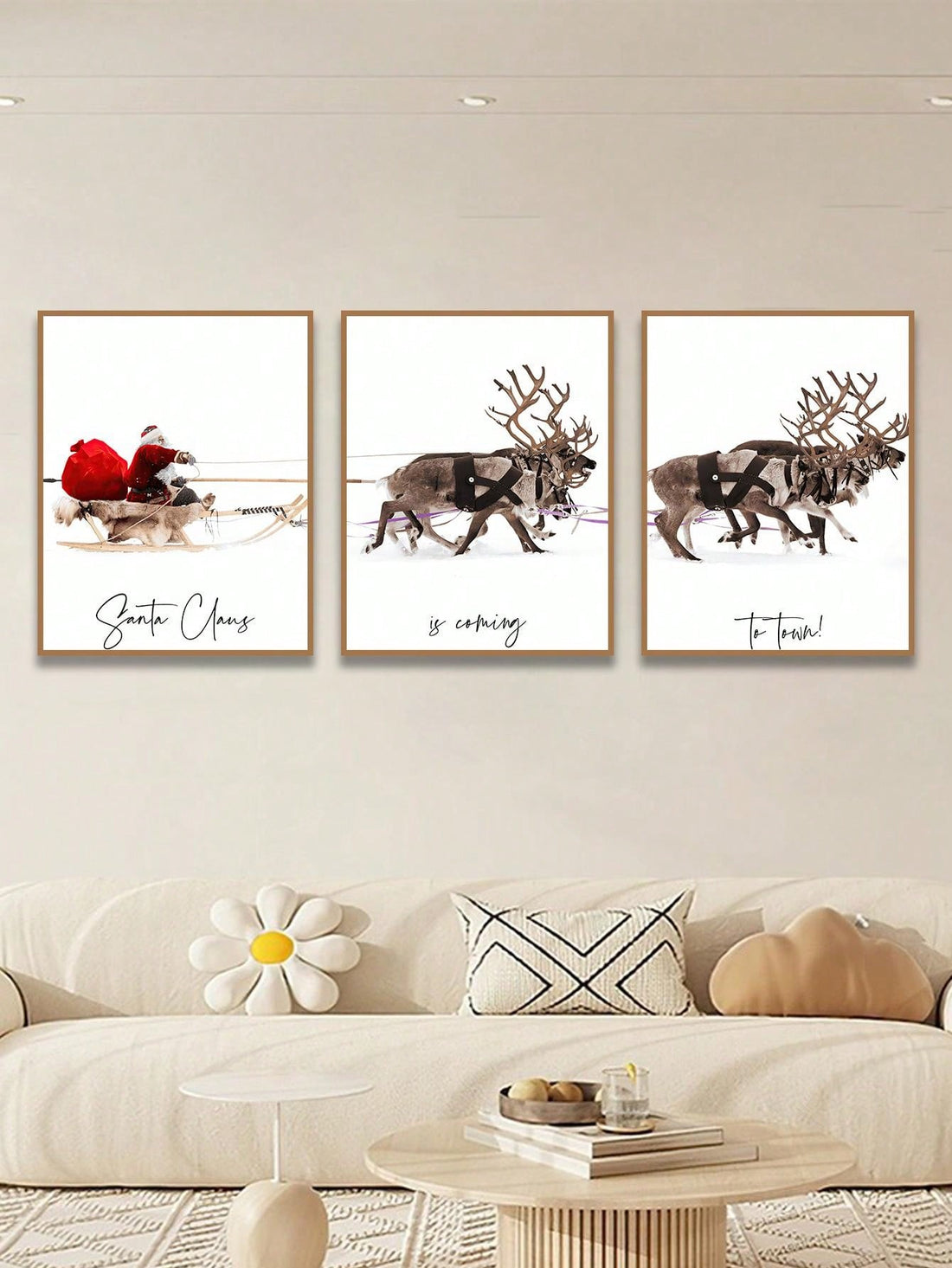 This Vintage Christmas Canvas Art Set includes festive depictions of Santa Claus, an elk, and a sleigh. These high-quality prints bring a touch of nostalgia to your holiday decor. Made from durable canvas, they are sure to last and add charm to any space.
