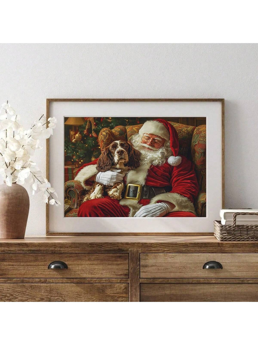 Bring festive cheer to your walls with this charming vintage-inspired canvas featuring a cheerful Springer Spaniel and jolly Santa Claus. Perfect for dog lovers and holiday enthusiasts alike, this whimsical artwork captures the magic of Christmas with nostalgic appeal. The warm, retro aesthetic adds character to any room while celebrating the season's joy. Whether you're decorating your own home or searching for a thoughtful gift, this delightful piece spreads holiday spirit with tail-wagging charm. A cozy 