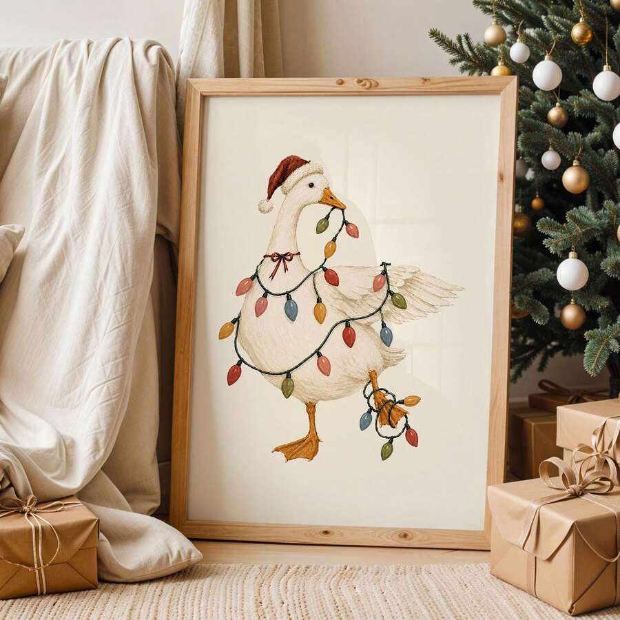 Framed view of cream Christmas goose canvas wall art with colorful lights beside a decorated tree