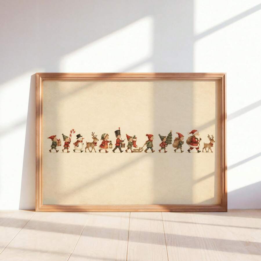 Framed front view of vintage Christmas parade canvas print with Santa, children and reindeer on ivory background
