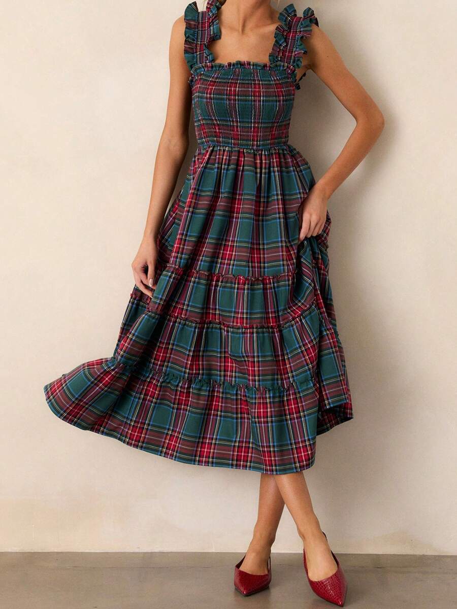 Experience the breathtaking fusion of heritage seasonal artistry and sharp, modern architectural tailoring. This stunning ruffle-strap ensemble is meticulously designed for the woman who values a high-fashion, "quiet luxury" approach to winter dressing—the ultimate centerpiece for prestigious holiday retreats, exclusive winter soirées, and high-authority festive celebrations.