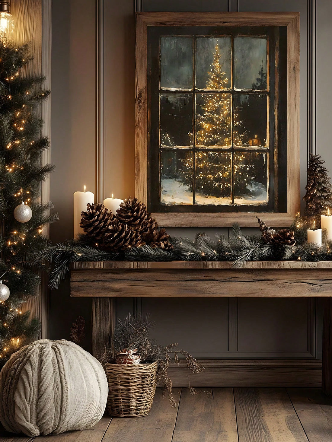 Step back in time with this enchanting vintage Christmas tree print that brings nostalgic holiday magic to any room. Featuring a moody Santa Claus illustration nestled among evergreen branches, this rustic wall art captures the warmth and wonder of classic yuletide celebrations. Perfect for creating a cozy, atmospheric holiday display, it pairs beautifully with farmhouse, cottage, or traditional decor styles. Whether you're decorating a living room, bedroom, or entryway, this charming print adds vintage cha