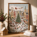Framed Christmas village canvas wall art with snowy European town and Santa sleigh in a festive room