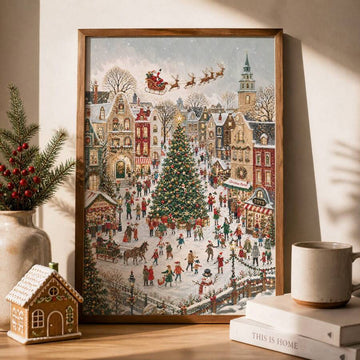 Framed Christmas village canvas wall art with snowy European town and Santa sleigh in a festive room