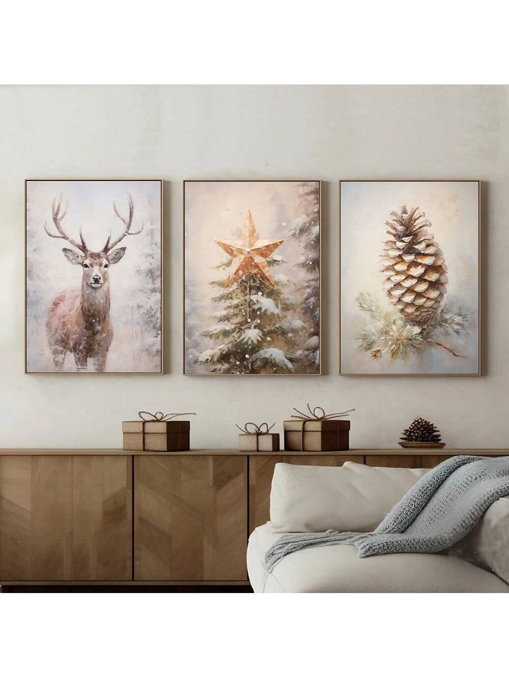 Brighten your holiday space with this Vintage Christmas Wall Art Set of 3! Featuring charming rustic designs of a tree, reindeer, and pinecone, these pieces add a cozy, festive touch to any room. Perfect for those who love a playful nod to classic holiday traditions, this set brings warmth and whimsy to your seasonal decor. Easy to hang and sure to spark smiles, these artworks make your home merry and bright in no time!