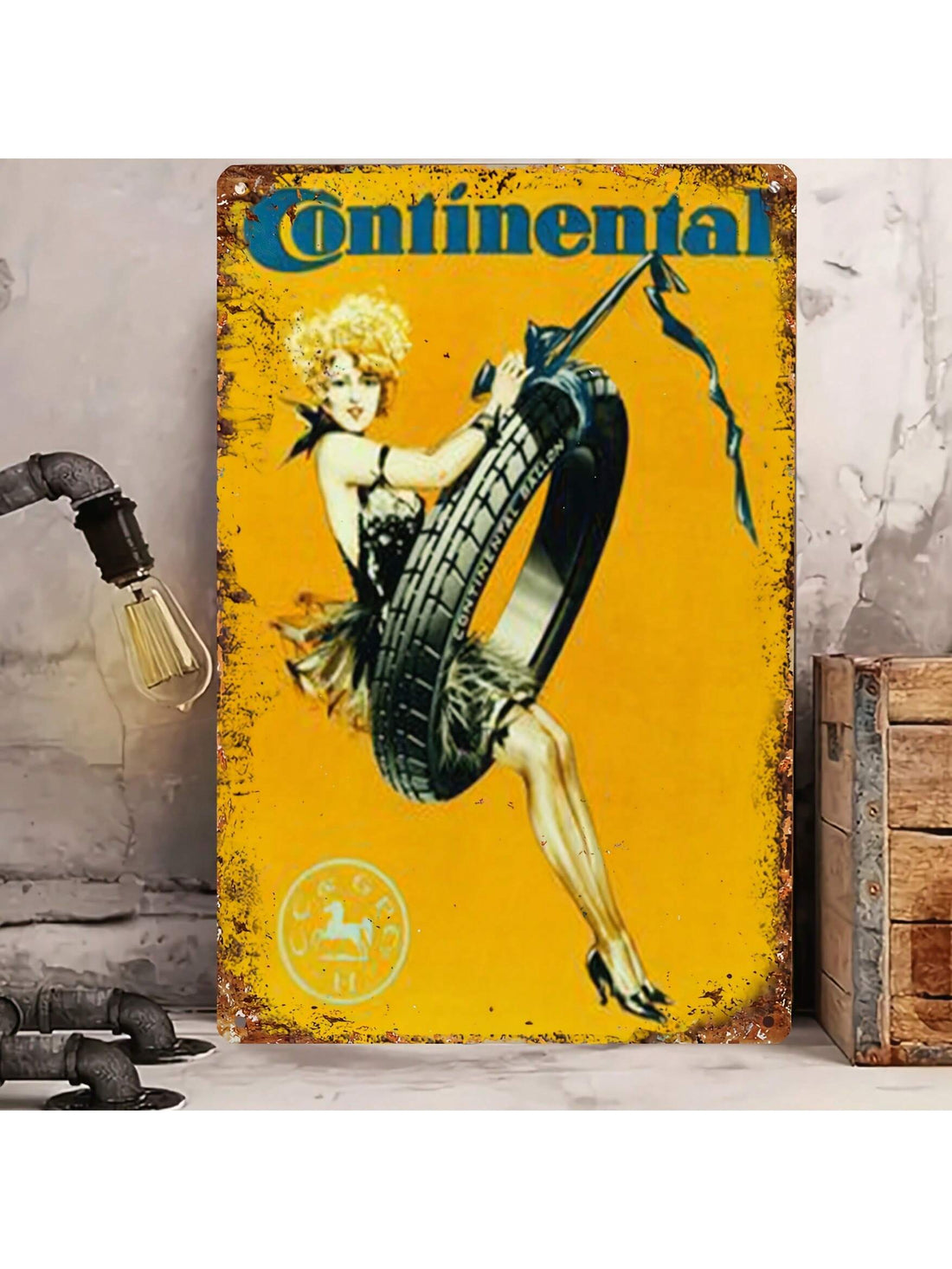 Add some retro flair to your bar or farmhouse decor with this Vintage Continental Tire Hottie Metal Sign. Featuring a classic design and a playful nod to the past, it's the perfect addition for any fan of vintage style. Display it proudly and make a statement!
