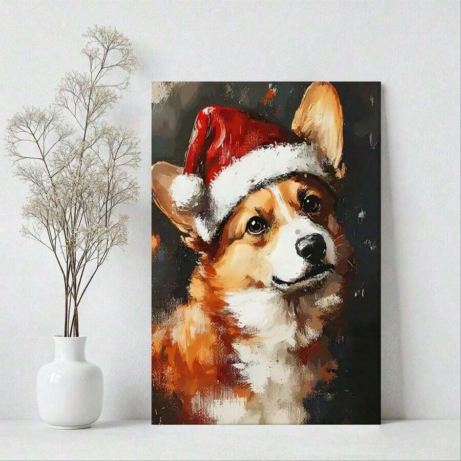 Santa-hat Pembroke Welsh Corgi Christmas canvas art on a tabletop