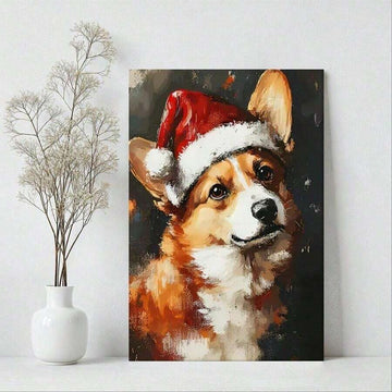 Santa-hat Pembroke Welsh Corgi Christmas canvas art on a tabletop