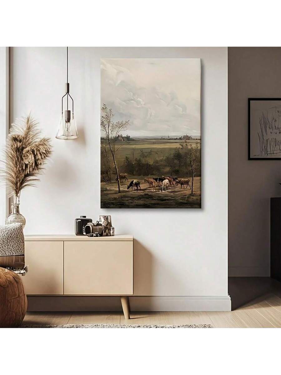 Countryside canvas art with horses fields trees and cloudy sky