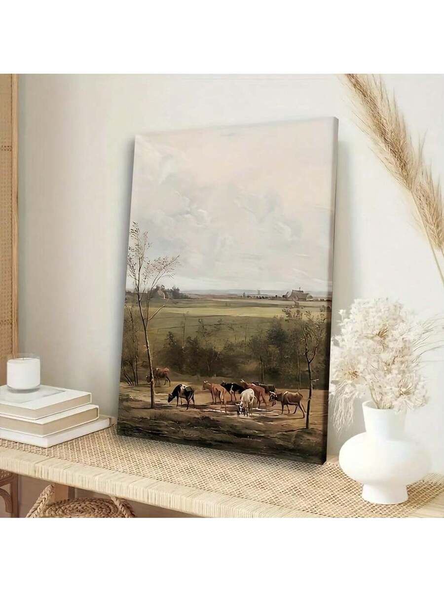 Countryside canvas art with horses fields trees and cloudy sky