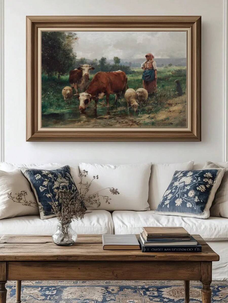 Vintage cow and sheep wall art with pastoral landscape scene