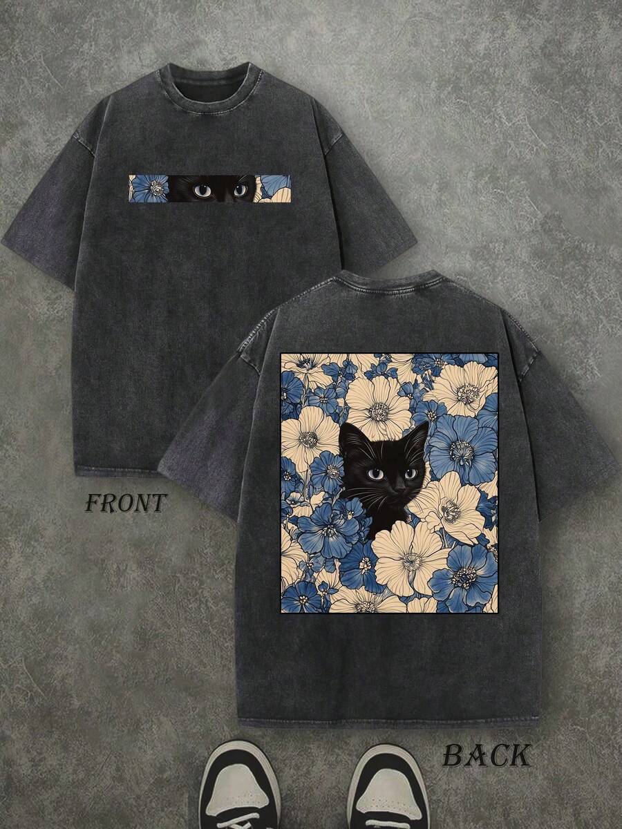 Front and back view of washed black cat floral graphic T-shirt with double-sided artwork for streetwear