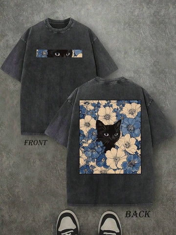Front and back view of washed black cat floral graphic T-shirt with double-sided artwork for streetwear